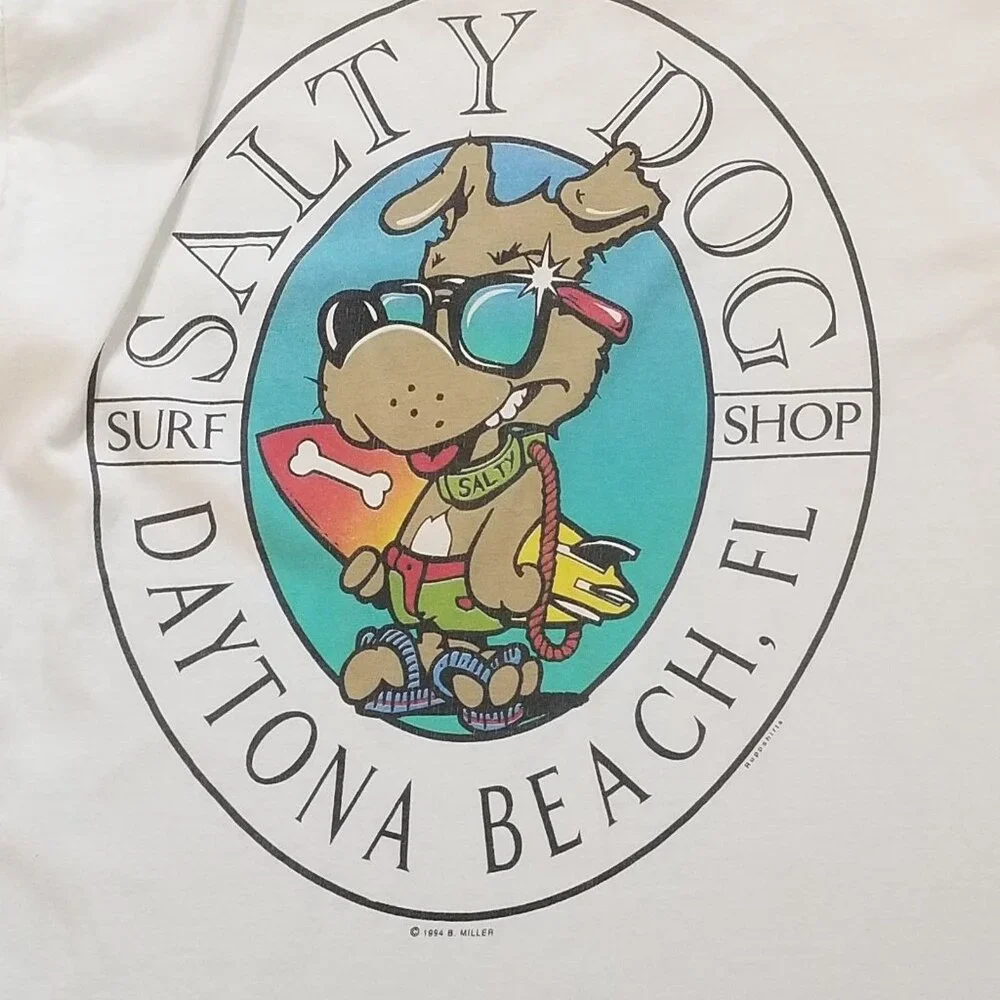 Vintage 90s Top Shirt Daytona Beach FL Mens Medium Unisex Salty‎ Dog White